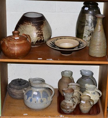 Lot 157 - Two shelves of domestic Studio pottery including stone ware jugs etc