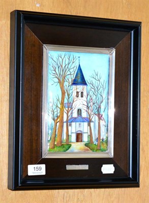 Lot 159 - An Arts & Crafts enamelled copper plaque in a white metal frame