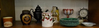 Lot 166 - A shelf of decorative ceramics including Wemyss, Copeland, a Toby jug, cranberry glass, a timepiece