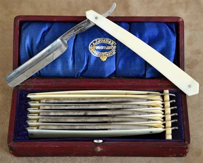 Lot 183 - A set of seven A.J.Jordan, Sheffield cut-throat razors with ivory handles, each named on the...