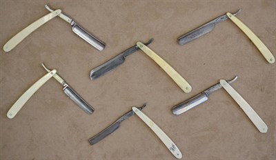 Lot 186 - A group of six ivory handled cut-throat razors with Sheffield blades comprising; J&R Dodge,...