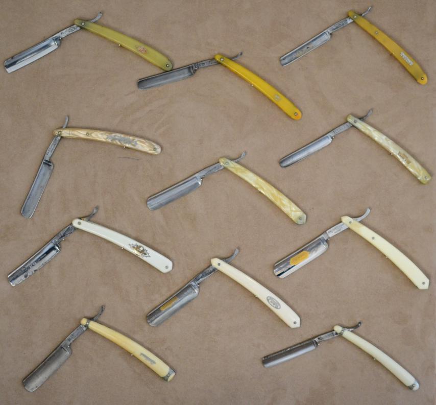 Lot 192 - A group of eleven cut-throat razor blades comprising; Paul Plucker 51, with Solingen blade and...