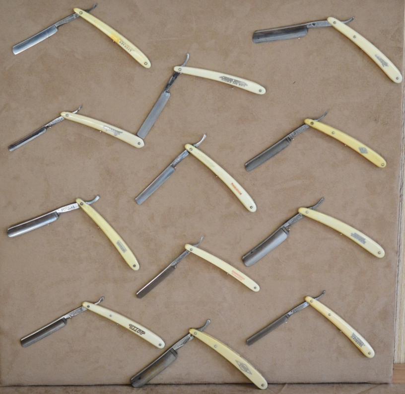 Lot 199 - A group of twelve cut-throat razor blades comprising; Bismark with Solingen blade, Revisor...