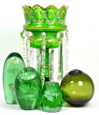 Lot 9 - Nineteenth century gilt and enamelled green glass table lustre, three Sunderland glass dumps,...