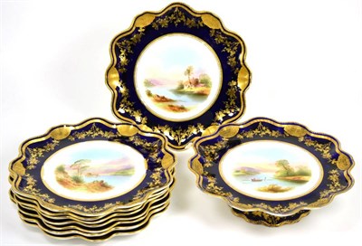 Lot 19 - A 19th century Aynsley's dessert service with painted scenes and blue and gilt borders...