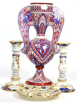 Lot 22 - Ginari red lustre Isnik style two handed vase (a.f.); pair of pottery candlesticks; and a...