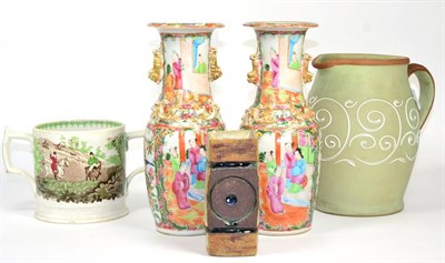 Lot 23 - A Troika style vase, a pair of Chinese famille rose vases and two others (5)