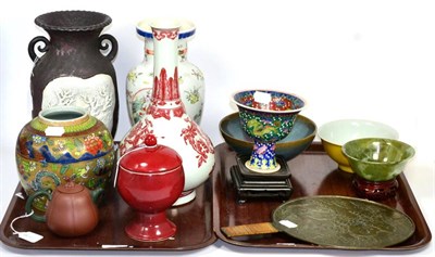 Lot 35 - Eleven Oriental items: Chinese bronze hand mirror, jade bowl on stand, Yixing teapot, stoneware...