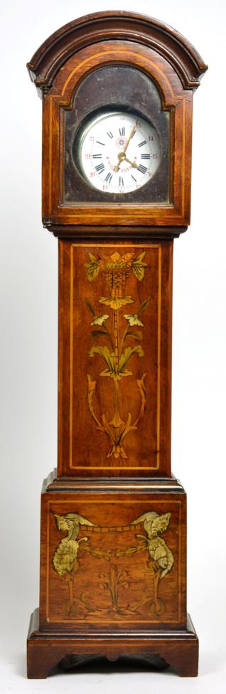 Lot 48 - A miniature marquetry inlaid long case clock case housing a plated pocket watch