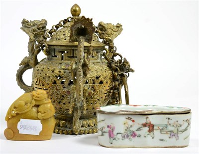 Lot 63 - Chinese famille rose porcelain box and cover/cricket cage, a stone carving of temple dogs and a...
