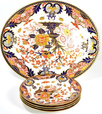 Lot 64 - A Royal Crown Derby Imari platter and four matching plates
