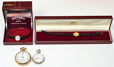 Lot 85 - Two lady's wristwatches signed Marvin and Rotary, both cases stamped '375', together with a...