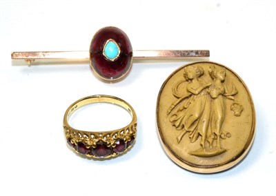 Lot 90 - A garnet and turquoise bar brooch, an oval cabochon garnet inset with a pear cabochon turquoise, to