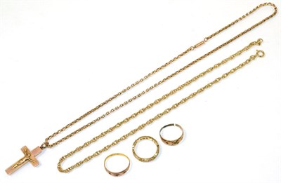 Lot 97 - A 9 carat rose gold crucifix pendant, on a belcher chain stamped '9CT', length 47cm; a 9 carat gold