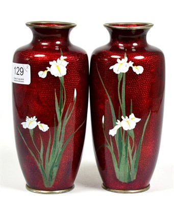 Lot 129 - A pair of Japanese red cloisonne vases