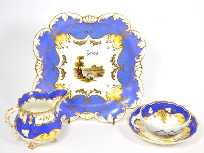 Lot 132 - A Rockingham tea cup and saucer circa 1830, together with a Rockingham cream jug and a painted...