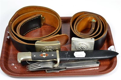 Lot 134 - Replica Third Reich items, comprising Hitler Youth knife, two belt buckles and a field cutlery set