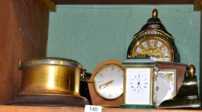 Lot 140 - A reproduction bulk head clock and similar barometer together with four various mantel timepieces