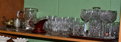 Lot 141 - Cut glass ware Waterford wine glasses, decanter, tumblers, silver Christening cup, plated...
