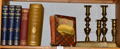 Lot 158 - Three silver backed brushes; two pairs of brass candlesticks; a tartan ware book; The Complete...