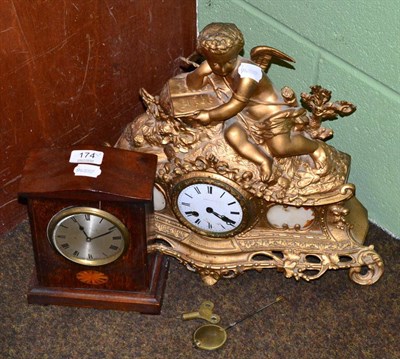 Lot 174 - French gilt metal striking mantel clock, dial signed Leroy, Paris together with an Edwardian inlaid
