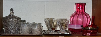 Lot 187 - Two Cranberry glass vases, two cranberry glass bowls, cut glass punch cups, rummers and other...