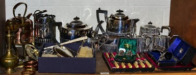 Lot 188 - A silver backed dressing table set; a pair of pierced silver salts; plated wares to include tea...