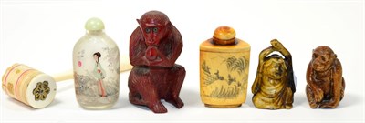 Lot 195 - A 19th century ivory gavel, a Chinese scent bottle, a carved monkey netsuke, and another carved...