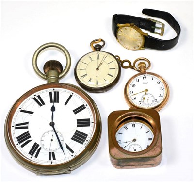 Lot 200 - A nickel plated ";Goliath"; table watch; a silver pocket watch; two gilt metal pocket watches;...