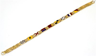 Lot 222 - An enamel signal flag bracelet, of nine enamelled flag links, length 20.5cm long, stamped '750'