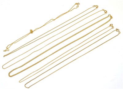 Lot 234 - Six various 9 carat gold chain necklaces, three of 46cm long and three of 51cm long (6)