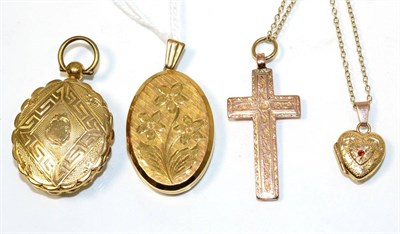 Lot 236 - A 9 carat gold oval locket pendant, with foliate decoration, measures 4cm by 2cm; an early...