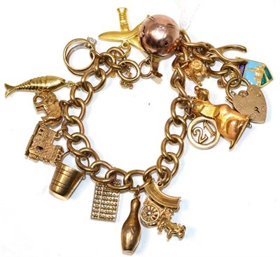 Lot 238 - A 9 carat gold curb link charm bracelet, with a 9 carat gold padlock clasp and suspending...