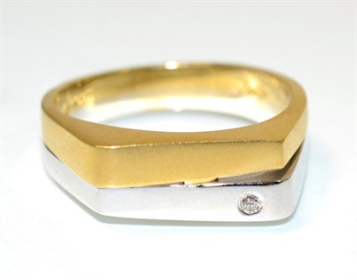 Lot 249 - An 18 carat two colour gold diamond ring, an angular bright polished white gold band inset with...