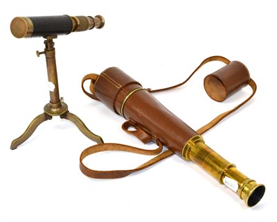 Lot 276 - A brass two draw telescope by Broadhurst Clarkson & Co Ltd, with leather sleeve, a small brass...