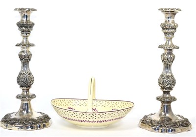 Lot 278 - A pair of Old Sheffield Plate candlesticks and a 19th century Wedgwood creamware basket