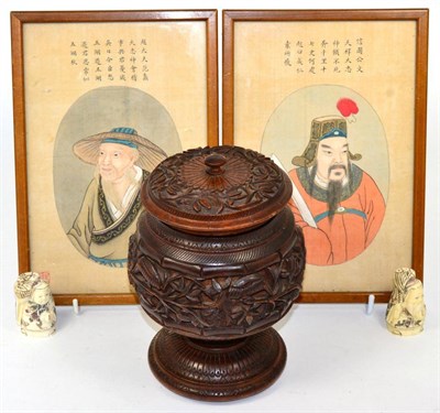 Lot 280 - An Oriental carved hardwood jar and cover, with white metal liner; a pair of Chinese...