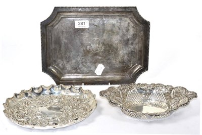 Lot 281 - A Walker & Hall silver tray together with two silver oval dishes decorated in repousse