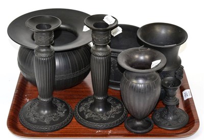 Lot 291 - A collection of Wedgwood Basalt ware including candlesticks, vases etc