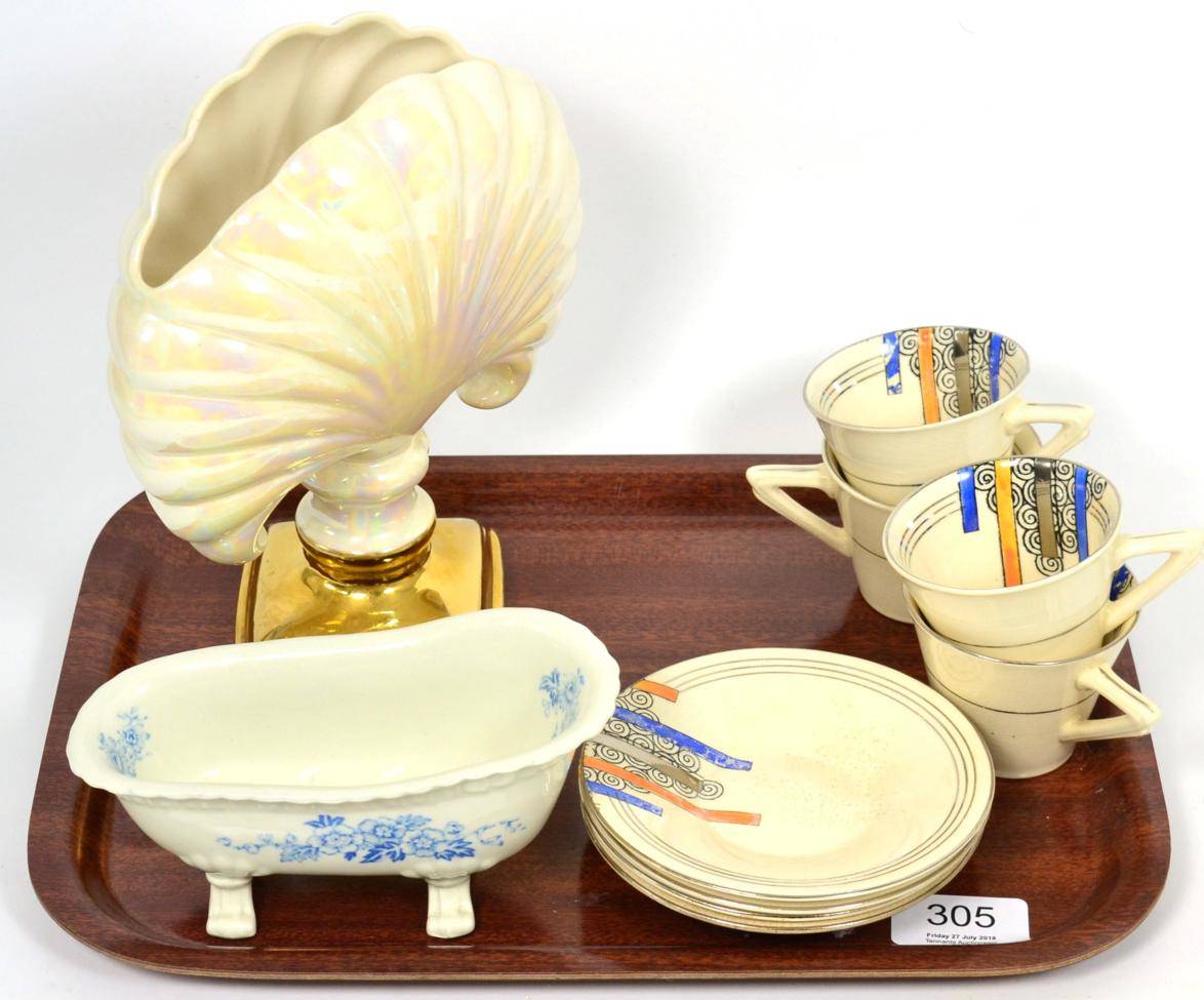 Lot 305 - A Solian ware Soho Pottery Art Deco set of four coffee cups and saucers, together with a Crown...