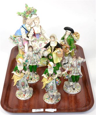 Lot 318 - A 19th century porcelain figure group in 18th century Meissen style, two pairs of Sitzendorf...