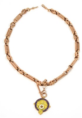 Lot 331 - A 9 carat rose gold fancy link Albert, of alternating pierced rectangular and lobed links, with...