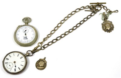 Lot 336 - A silver open faced pocket watch with a silver chain and medal, nickel plated stop watch