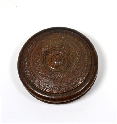 Lot 344 - A carved snuff box, circular form, made from timbers after 1829 York Minster fire, labelled