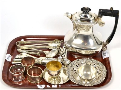 Lot 356 - A group of silver comprising coffee pot, pierced dish, two egg cups, pin tray, three napkin...