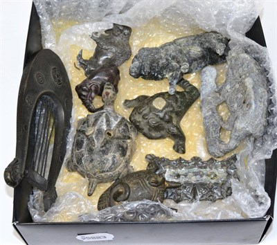 Lot 370 - A collection of eight base metal animal figures and small bronze harp