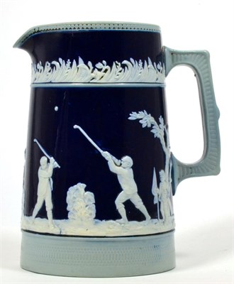 Lot 405 - A Victorian Copeland jug, frieze relief scenes of golfers, cobalt blue ground