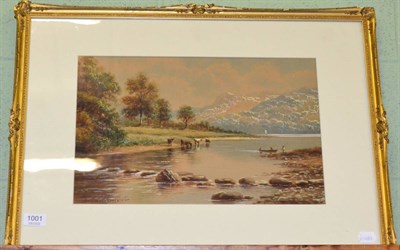 Lot 1001 - Milton Drinkwater, cattle watering in a landscape, watercolour