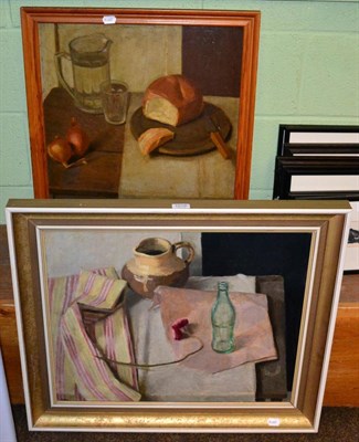 Lot 1016 - Still life of bread and onions, oil on board together with a further still life, oil on board,...