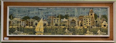 Lot 1017 - Frank Dempsey (20th century) Panoramic view of seafront with houses and moored sailboats,...